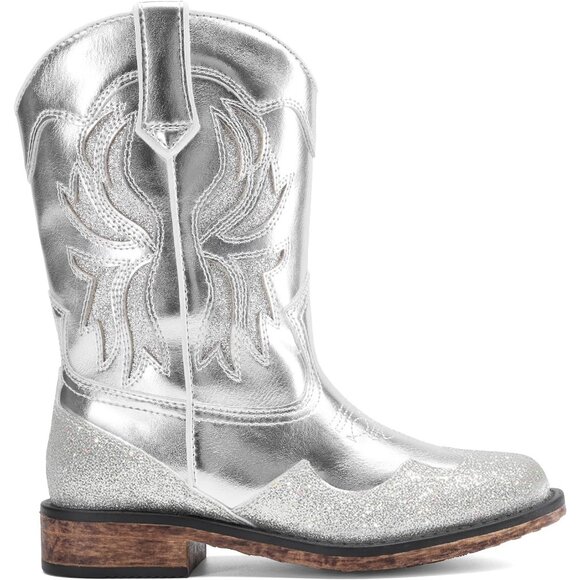⚡Girls Silver Square Toe Mid Calf Cowgirl Boots Western Fashion Riding Shoes - Picture 4 of 6